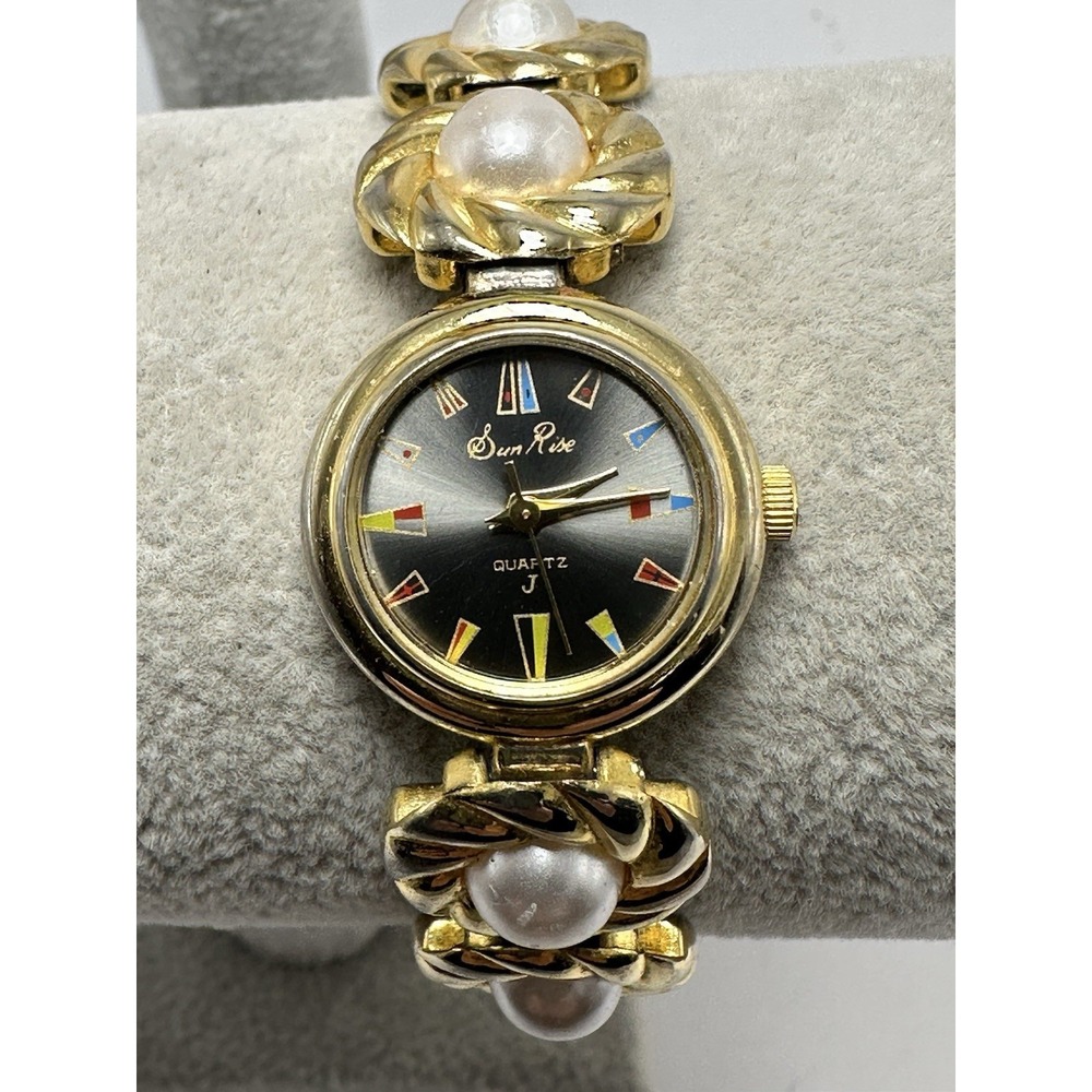 Sun‎ Rise J Ladies Watch New Battery Faux Pearls 21MM 7" Gold Tone L55
